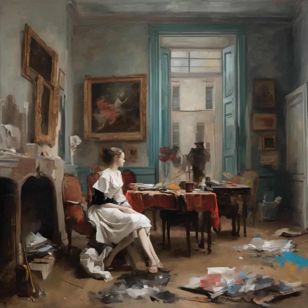 Ακριβώς το ίδιο μέρος που περιέγραφες, στυλ ρεαλιστικό, εσωτερική σκηνή με καλλιτέχνη και πίνακες, ανοιχτά παράθυρα, φυσικός φωτισμός, ακαταστασία.